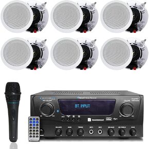 1000 Watts 2 Room Bluetooth Home Amplifier and Receiver with USB and SD Reader, (Qty 6) 6.5 Flush Mount in-Wall/in-Ceiling Stereo Speakers, Handheld Microphone with 10 Ft Cable
