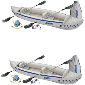 Sea Eagle 370 Deluxe 2 Person Inflatable Portable Sport Kayak & Paddles (2 Pack)