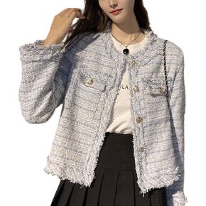 SaytoRose Women's Plaid White Tweed Blazer Open Front Collarless Blazer Elegant Work Cropped Jacket Coat