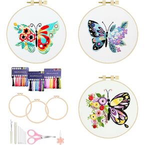 KAHEAUM Embroidery Kit for Beginners Adults Simple Cross Stitch Kits for Kids Gift Decor,3 Set DIY Starter Embroidery Patterns Needlepoint Crafts Include Floss Threads Needle Scissors,3 Plastic Hoops
