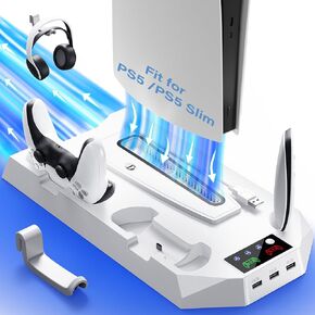 Cooling Stand Compatible with PS5, Cooling Station for PS5 & PS5 Slim Console Disc/Digital Edition, Charging Station with Dual Controller Charger, 3 Levels Cooling Fan, 3 USB Hubs & Headset Holder
