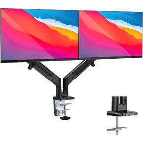 Mount-It! Space Saving Dual Monitor Arm, Fits Two 17" to 32" Screens, Full Motion Tilt Swivel Rotate, max VESA 100x100, Low Profile Front Arms for Cubicles and Desk with Walls, Clamp Grommet Base