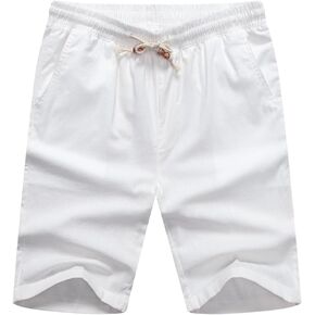 Manwan walk Men's Casual Cotton Elastic Waist Drawstring Linen Shorts Summer Beach Lightweight Shorts