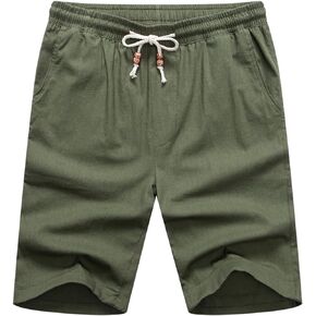 Manwan walk Men's Casual Cotton Elastic Waist Drawstring Linen Shorts Summer Beach Lightweight Shorts