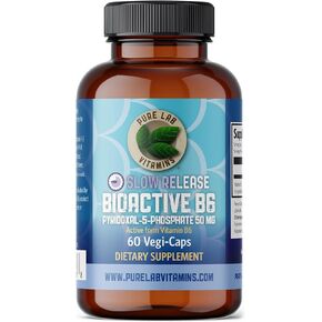 Bioactive B6 Supplement - Pyridoxal-5-Phosphate (P-5-P) - 60 Vegan Caps by Pure Lab Vitamins (DRC-Delayed Release Caps) - Gluten Free Made in Canada