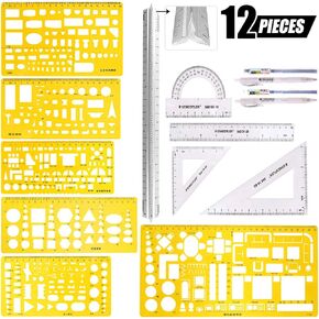 Swpeet 12Pcs Plastic Yellow Geometric Drawings Templates Kit, 6 Different Geometric Measuring Drawings Templates Stencils with 2Pcs Pencil and 5Pcs Measuring Ruler for Drawing Engineering Drafting