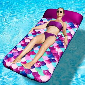 PARENTSWELL Inflatable Mermaid Scales Pool Floats, 72" X-Large Fabric Covered Pool Float with Headrest, Pool Lounge Floaties for Adults, Summer Pool Party Decorations Supplies