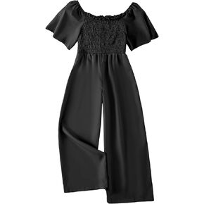 WDIRARA Girl's Off Shoulder Shirred Frill Trim Short Sleeve Wide Leg Solid Jumpsuits