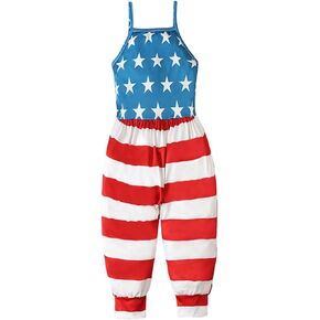 Aimsbveo Girls 4th Of July Jumpsuits Amercian Flag One Piece Sleeveless Romper Pants Toddler Summer Outfits Clothes 2-9Y