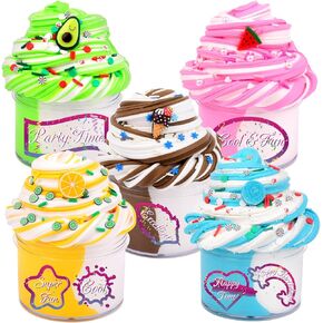 Jigejunfa Cloud Slime Kit 5 Pack, Dual Color Slime Set with Cute Rainbow and Ice Cream Charms, Stress Relief Toys Cool Birthday Gifts Ideas for Girls and Boys, Party Favors for Kids, Pink Blue Green