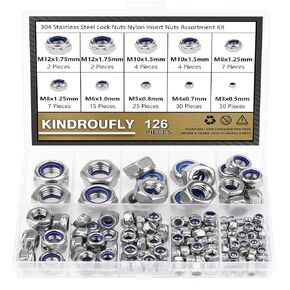 126 Pieces 304 Stainless Steel Lock Nuts, Kindroufly 7 Sizes Metric Locknuts, Nylon Insert Hex Lock Nuts Assortment Kit (M3, M4, M5, M6, M8, M10, M12)