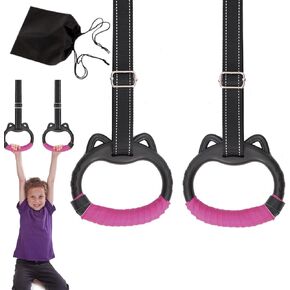 JIANWEI Gymnastics Rings Set for Kids, Professional Children Trapeze Bar Pull Up Rings with Straps Kids Playground Home Exercise Gym Rings with Drawstring Bag for Children Exercise(Pink)