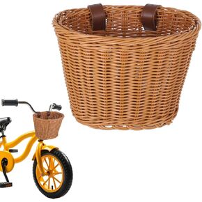 Kid's Bike Basket Front,Bicycle Hanging Basket with Adjustable PU Belts,Weatherproof Premium Hand-Woven Rattan Storage Bicycle Basket for Boys Girls Bicycle Accessories