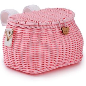 Kids Bike Basket Set, Bike Scooter Tricycle Basket, Children Cycling Basket, Children Bike Basket Handwoven Backpack with Lid Shoulder Strap, Rattan Basket, Front Handlebar Basket