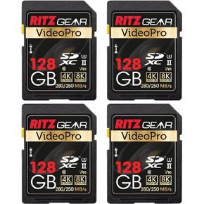 Ritz Gear 128GB High-Speed SDXC UHS-II SD Card, C10, U3, V90, Full-HD & 8K Memory Card for DSLR, Cinema-Quality Video Cameras (4 Pack)
