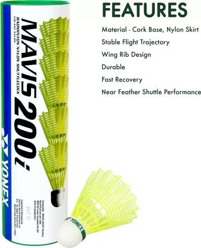 YONEX Mavis 200i Green Cap Nylon Shuttle - Yellow Slow Green Cap Warm Conditions Pack of 6 in Saudi Arabia