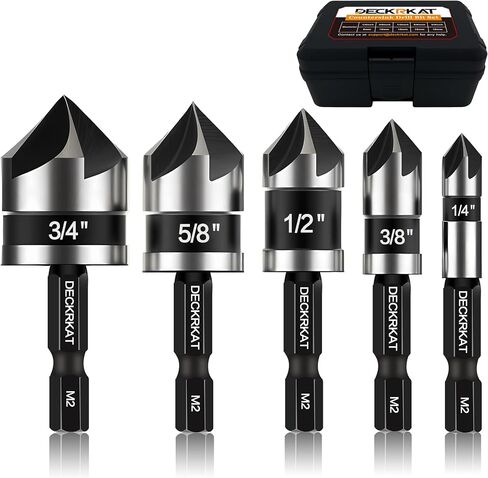 5 Pcs Countersink Drill Bit Set, 82 Degree, 5Flute with 1/4" Quick Change Hex Shank, Sizes 1/4" to 3/4" for Metal, Wood & Plastic, Ideal for Carpentry, Metalwork, Plastic Fabrication in Saudi Arabia