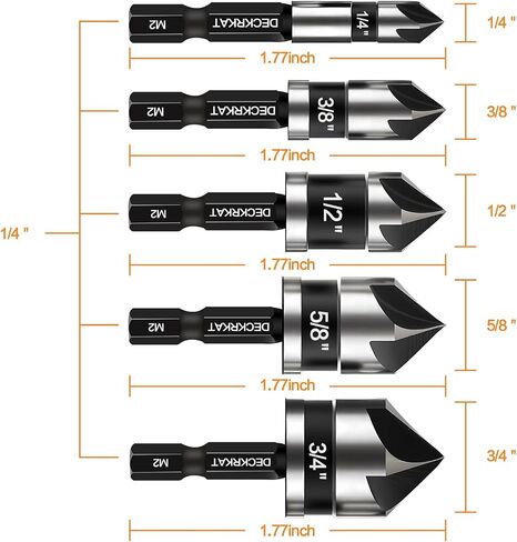 5 Pcs Countersink Drill Bit Set, 82 Degree, 5Flute with 1/4" Quick Change Hex Shank, Sizes 1/4" to 3/4" for Metal, Wood & Plastic, Ideal for Carpentry, Metalwork, Plastic Fabrication in Saudi Arabia