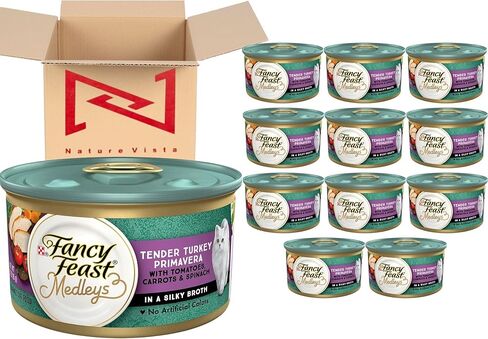 ناتشر فيستا، ديك رومي طري لذيذ، بريمافيرا مع الطماطم، والجزر، والسبانخ في مرق حريري، 3 أونصة (عبوة من 12 قطعة)، أفضل طعام للقطط من فانسي فيست في صندوق in Kuwait