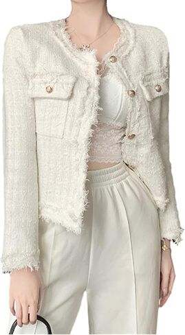 SaytoRose Women's Plaid White Tweed Blazer Open Front Collarless Blazer Elegant Work Cropped Jacket Coat in Saudi Arabia