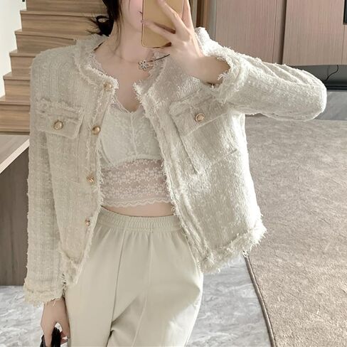 SaytoRose Women's Plaid White Tweed Blazer Open Front Collarless Blazer Elegant Work Cropped Jacket Coat in Saudi Arabia