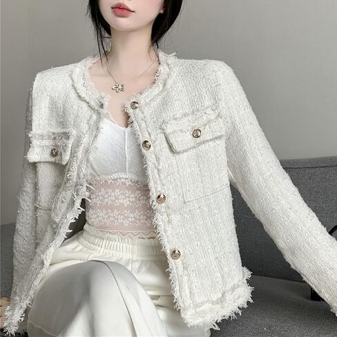 SaytoRose Women's Plaid White Tweed Blazer Open Front Collarless Blazer Elegant Work Cropped Jacket Coat in Saudi Arabia