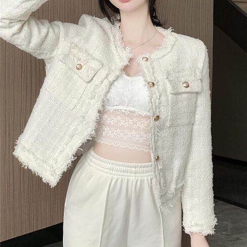 SaytoRose Women's Plaid White Tweed Blazer Open Front Collarless Blazer Elegant Work Cropped Jacket Coat in Saudi Arabia