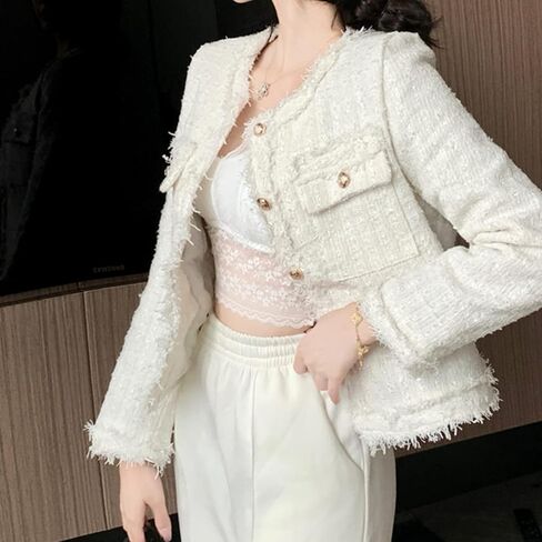 SaytoRose Women's Plaid White Tweed Blazer Open Front Collarless Blazer Elegant Work Cropped Jacket Coat in Saudi Arabia