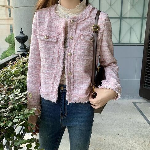 SaytoRose Women's Plaid White Tweed Blazer Open Front Collarless Blazer Elegant Work Cropped Jacket Coat in Saudi Arabia