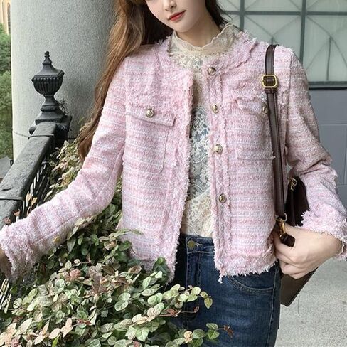 SaytoRose Women's Plaid White Tweed Blazer Open Front Collarless Blazer Elegant Work Cropped Jacket Coat in Saudi Arabia