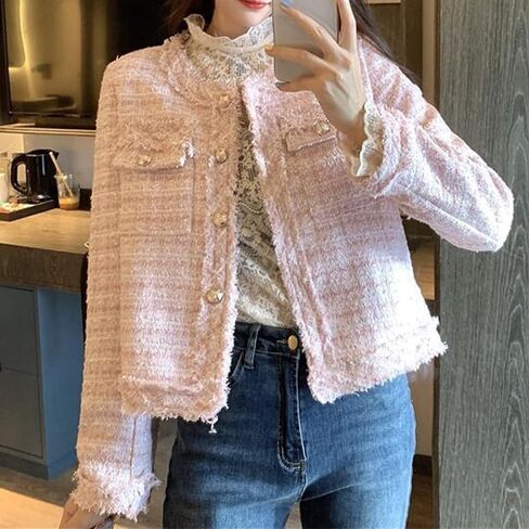 SaytoRose Women's Plaid White Tweed Blazer Open Front Collarless Blazer Elegant Work Cropped Jacket Coat in Saudi Arabia