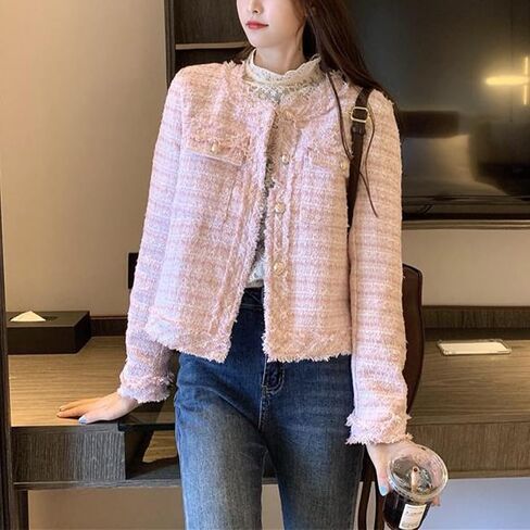 SaytoRose Women's Plaid White Tweed Blazer Open Front Collarless Blazer Elegant Work Cropped Jacket Coat in Saudi Arabia
