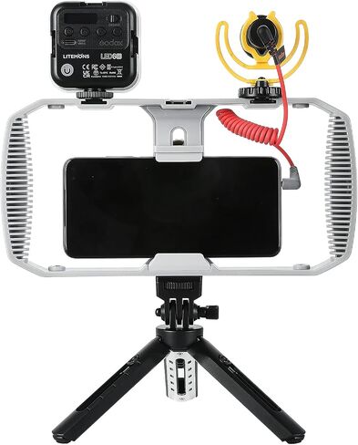 مجموعة أدوات فيديو الهاتف العالمية Godox VK1-LT لسلسلة iPhone والهواتف الذكية، مع ميكروفون وإضاءة LED RGB ومقبض جانبي ثلاثي القوائم لـ YouTube TIKTok والبث المباشر in Saudi Arabia