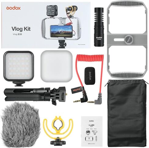 مجموعة أدوات فيديو الهاتف العالمية Godox VK1-LT لسلسلة iPhone والهواتف الذكية، مع ميكروفون وإضاءة LED RGB ومقبض جانبي ثلاثي القوائم لـ YouTube TIKTok والبث المباشر in Saudi Arabia