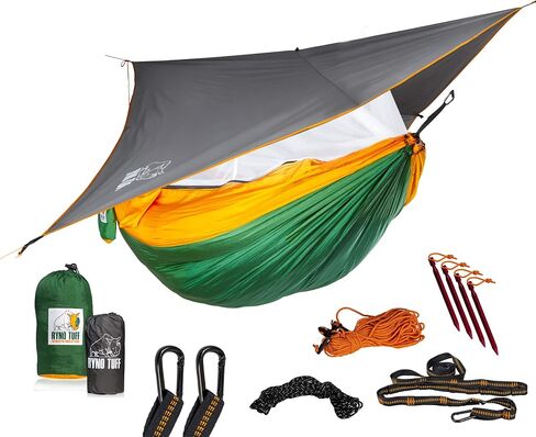 Ryno Tuff XL 2 Person Camping Hammock with Mosquito Net & Rain Fly - Compact Double Hammock with Bug Net, Tarp, Pocket, Tree Straps & Heavy Duty Carabiners - Parachute Grade Nylon Holds Over 600lbs in Kuwait