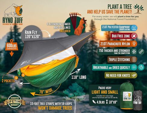 Ryno Tuff XL 2 Person Camping Hammock with Mosquito Net & Rain Fly - Compact Double Hammock with Bug Net, Tarp, Pocket, Tree Straps & Heavy Duty Carabiners - Parachute Grade Nylon Holds Over 600lbs in Kuwait