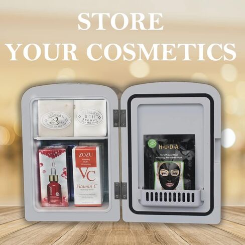 ثلاجة صغيرة محمولة، ثلاجة كهروحرارية باردة وساخنة، باب مرآة مزود بإضاءة LED باللون الأبيض، تتضمن محولات للمنزل والسيارة، لحفظ مستحضرات التجميل والعناية بالبشرة والصودا والأطعمة الطازجة، سعة 4 لتر in Kuwait