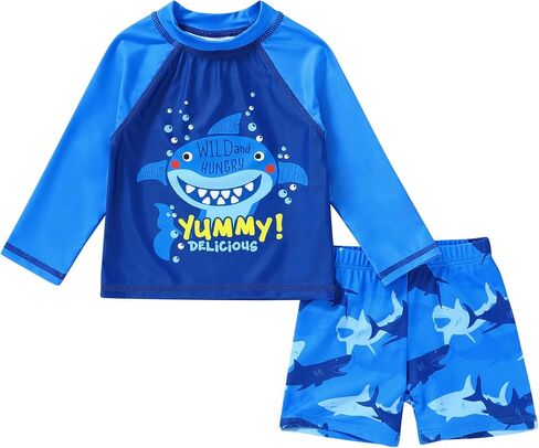 Happy Town Toddler Boys Swimsuits Trunk Rashguard Long Sleeve Swim Shirt Two Pieces Bathing Suits Surfing Suit Swimwear Beach Summer Outfits Clothes(Yummy，Excited Shark,12-18 Months) in Saudi Arabia