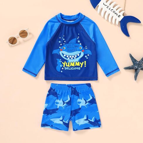 Happy Town Toddler Boys Swimsuits Trunk Rashguard Long Sleeve Swim Shirt Two Pieces Bathing Suits Surfing Suit Swimwear Beach Summer Outfits Clothes(Yummy，Excited Shark,12-18 Months) in Saudi Arabia