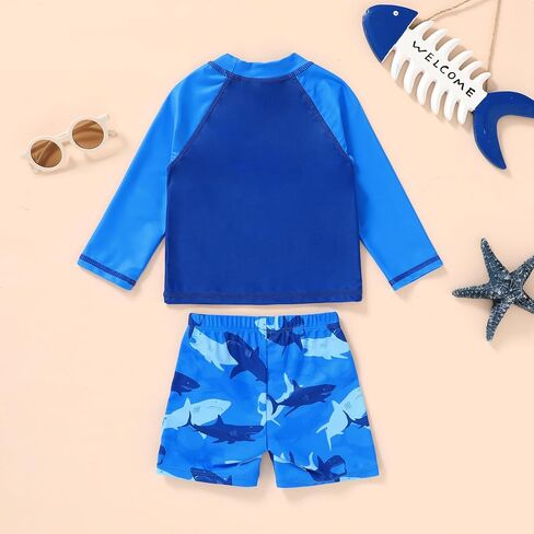 Happy Town Toddler Boys Swimsuits Trunk Rashguard Long Sleeve Swim Shirt Two Pieces Bathing Suits Surfing Suit Swimwear Beach Summer Outfits Clothes(Yummy，Excited Shark,12-18 Months) in Saudi Arabia