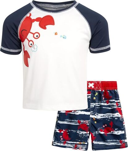 Wippette Boys 2-Piece UPF 50+ Rash Guard and Swimsuit Trunk Set with Matching Bucket Hat, Size 4T, Navy - Happy Crab in Saudi Arabia