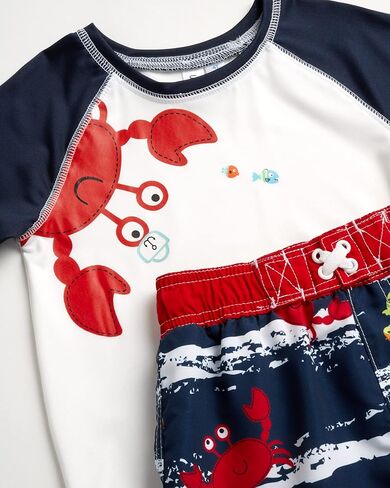 Wippette Boys 2-Piece UPF 50+ Rash Guard and Swimsuit Trunk Set with Matching Bucket Hat, Size 4T, Navy - Happy Crab in Saudi Arabia