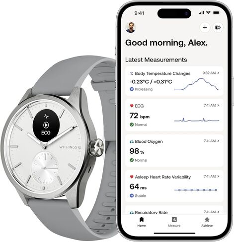 Withings ScanWatch 2 مع مراقب المسح الضوئي، ساعة ذكية هجينة لصحة القلب للرجال والنساء - مع SPO2، مراقبة درجة الحرارة، النوم، صحة الجهاز التنفسي، مراقبة الدورة، بطارية تدوم 30 يومًا، HSA/FSA in Kuwait