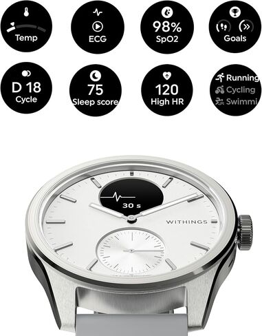 Withings ScanWatch 2 مع مراقب المسح الضوئي، ساعة ذكية هجينة لصحة القلب للرجال والنساء - مع SPO2، مراقبة درجة الحرارة، النوم، صحة الجهاز التنفسي، مراقبة الدورة، بطارية تدوم 30 يومًا، HSA/FSA in Kuwait