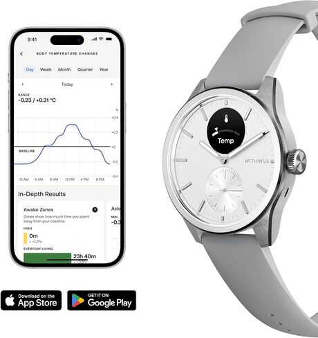 Withings ScanWatch 2 مع مراقب المسح الضوئي، ساعة ذكية هجينة لصحة القلب للرجال والنساء - مع SPO2، مراقبة درجة الحرارة، النوم، صحة الجهاز التنفسي، مراقبة الدورة، بطارية تدوم 30 يومًا، HSA/FSA in Kuwait