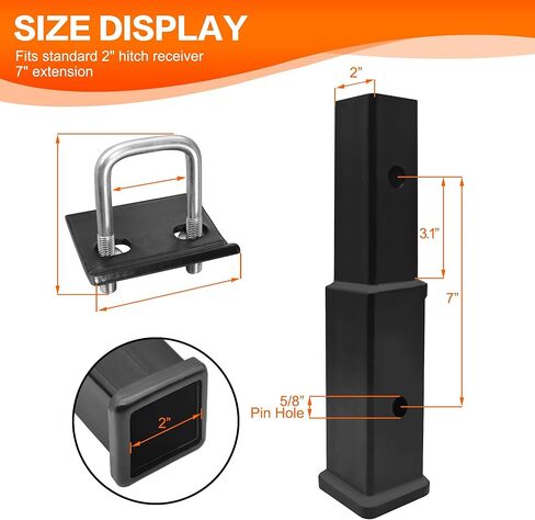 موسع وصلة المقطورة LOCKIETTA يناسب جهاز استقبال مقاس 2 بوصة، وامتداد أنبوب بطول 7 بوصة، مع مثبت مشبك دبوس وصلة 5/8 بوصة، 3500 رطل GTW / 350 رطل TW، لحاملات البضائع على رفوف الدراجة in Kuwait