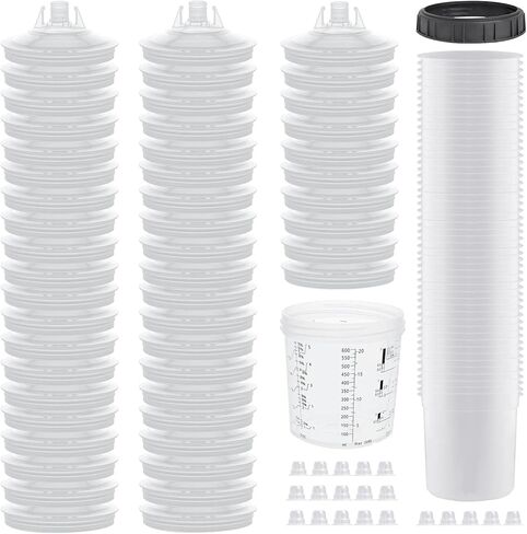 Disposable Paint Sprayer Mixing Cup for Automotive Paint Gun,Compatible with Original 1.0 System(not 2.0)-50pcs 20 Ounce Kit-50 Cup Liners,50 Lids with Strainer,1 Hard Cup with Retainer Ring,20 Plugs in Saudi Arabia