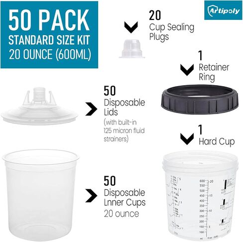 Disposable Paint Sprayer Mixing Cup for Automotive Paint Gun,Compatible with Original 1.0 System(not 2.0)-50pcs 20 Ounce Kit-50 Cup Liners,50 Lids with Strainer,1 Hard Cup with Retainer Ring,20 Plugs in Saudi Arabia