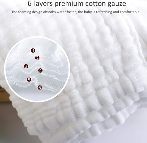 Viviland Baby Muslin Washcloths 12 Pack for Baby's Sensitive Skin, 6-Layer Cotton Bath Towel, Soft Newborn Baby Face Wipes, Great Shower Gift, 12 x 12 inches in Saudi Arabia