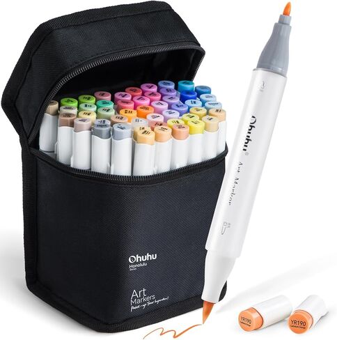 Ohuhu Alcohol Brush Markers 48 Mid-tone Colors- Double Tipped Alcohol Based Art Marker Set for Artists Adults Coloring Sketch Illustration- Brush & Chisel Dual Tips- Honolulu- Refillable in Saudi Arabia